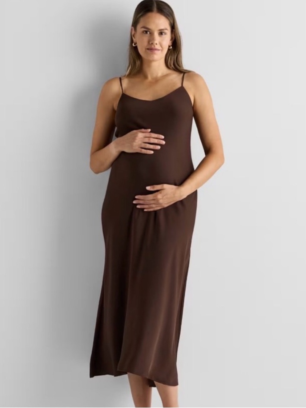 Quince maternity Brown Silk Washable Slip Dress Hot Fudge Size Large